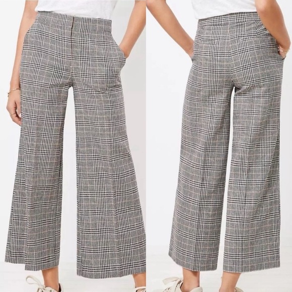 LOFT Dark Academia Plaid Linen Blend Neutral Wide Leg Cropped Dress Slacks Pants - Picture 1 of 9